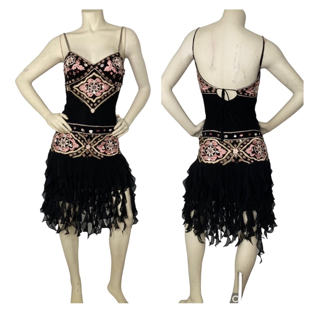 SUE WONG Vintage Black Embroidered Drop Waist Spaghetti Bead Accent Cocktail, 6